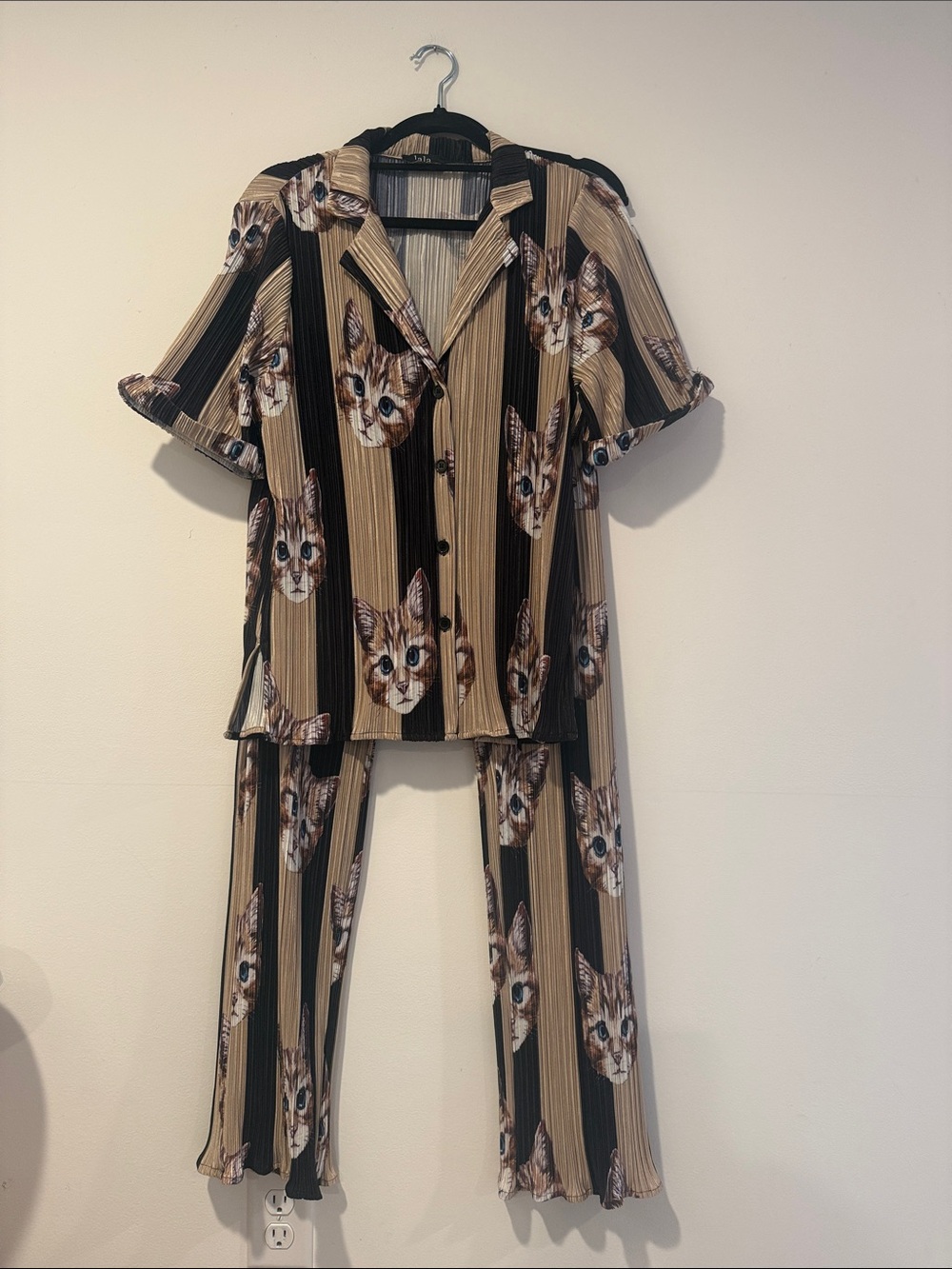 Dressed in Lala Cat Striped Short Sleeve Plisse Set